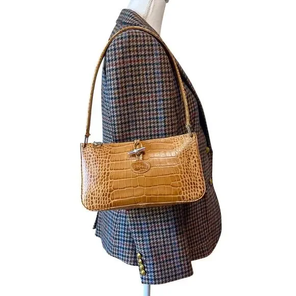Longchamp Roseau Croc Embossed Shoulder Bag Vintage Leather Y2K Bamboo Toggle